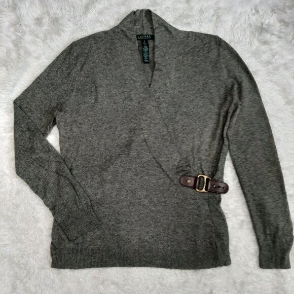 Lauren Ralph Lauren Mayda Wrap Sweater Women's Green Buckle Wool Blend Sweater - Picture 2 of 9
